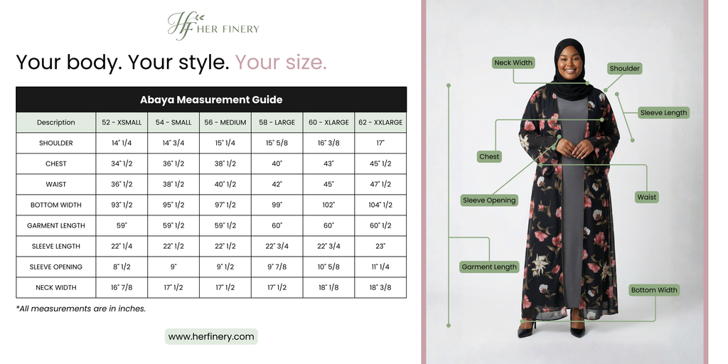 A woman modeling an abaya with a measurement guide on a white background