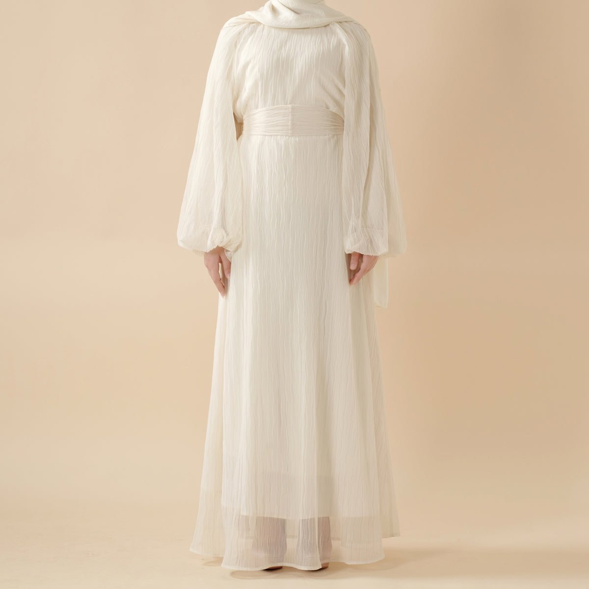 Cream White Puff Sleeves Abaya |  Pleat Textured Maxi Dress Abaya (MA152)