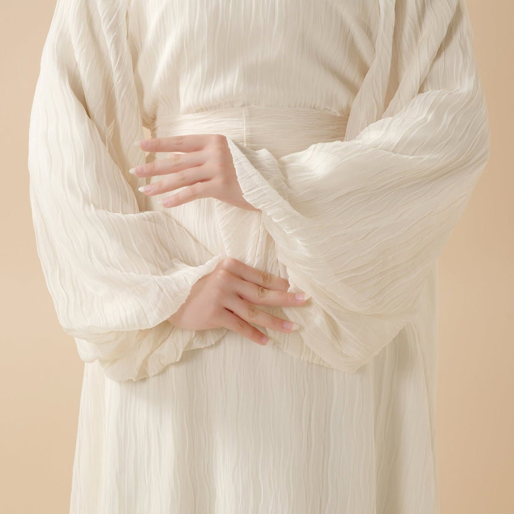 Cream White Puff Sleeves Abaya |  Pleat Textured Maxi Dress Abaya (MA152)