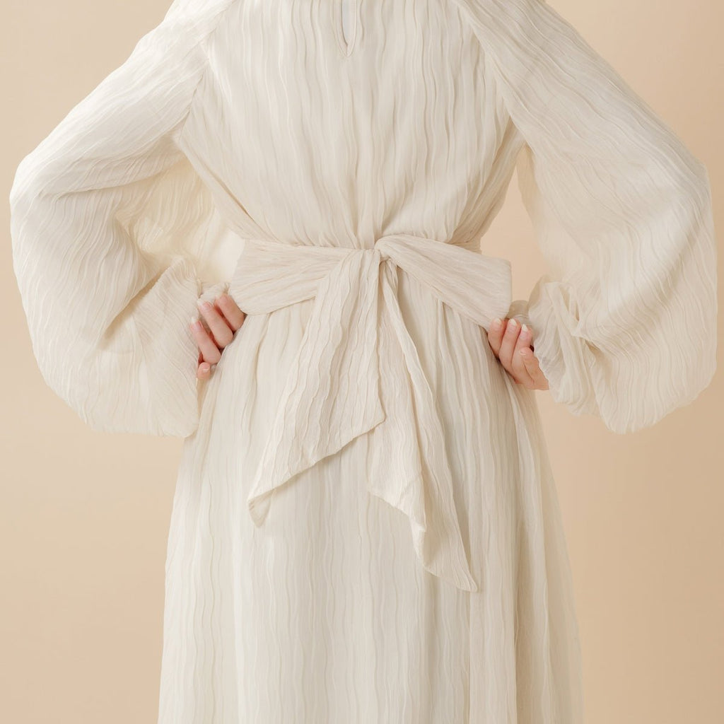 Cream White Puff Sleeves Abaya |  Pleat Textured Maxi Dress Abaya (MA152)
