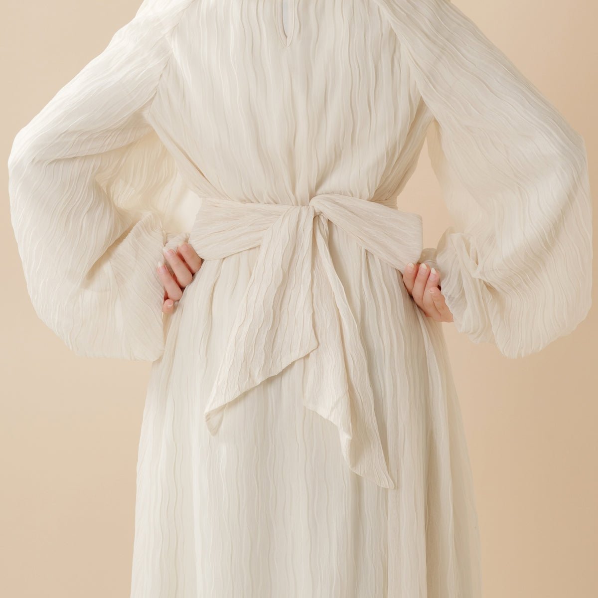 Cream White Puff Sleeves Abaya |  Pleat Textured Maxi Dress Abaya (MA152)