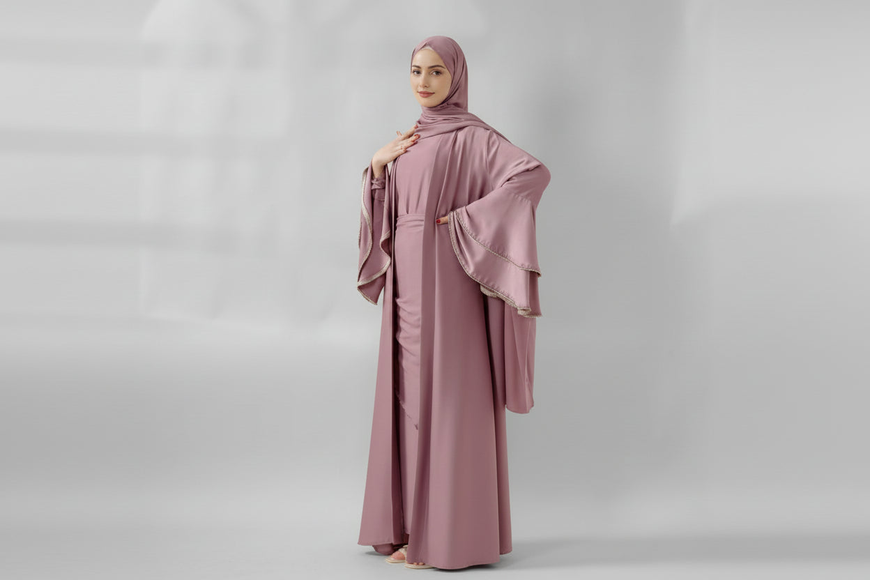 Crepe Satin Ruffle Sleeve Abaya, 5-Piece Set (MOA033)