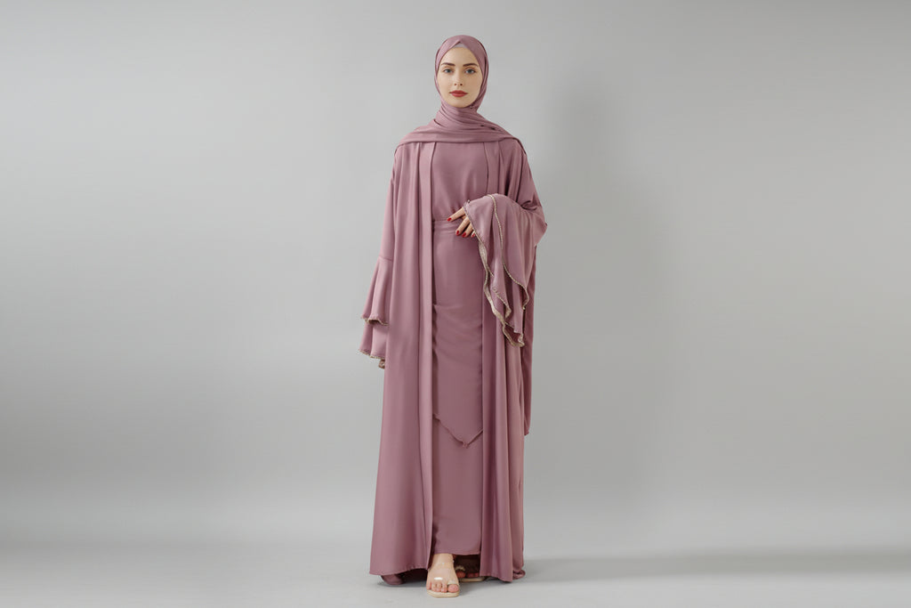 Crepe Satin Ruffle Sleeve Abaya, 5-Piece Set (MOA033)