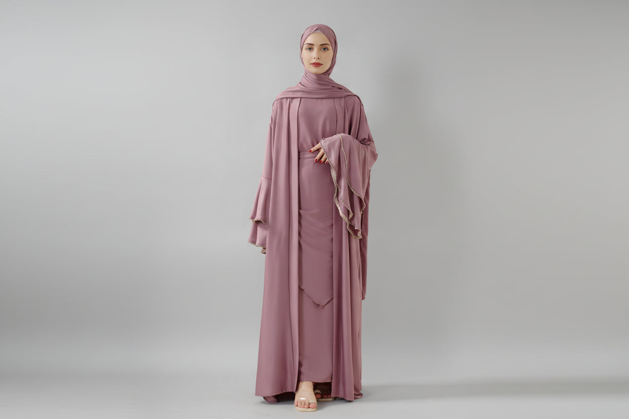 Crepe Satin Ruffle Sleeve Abaya, 5-Piece Set (MOA033)