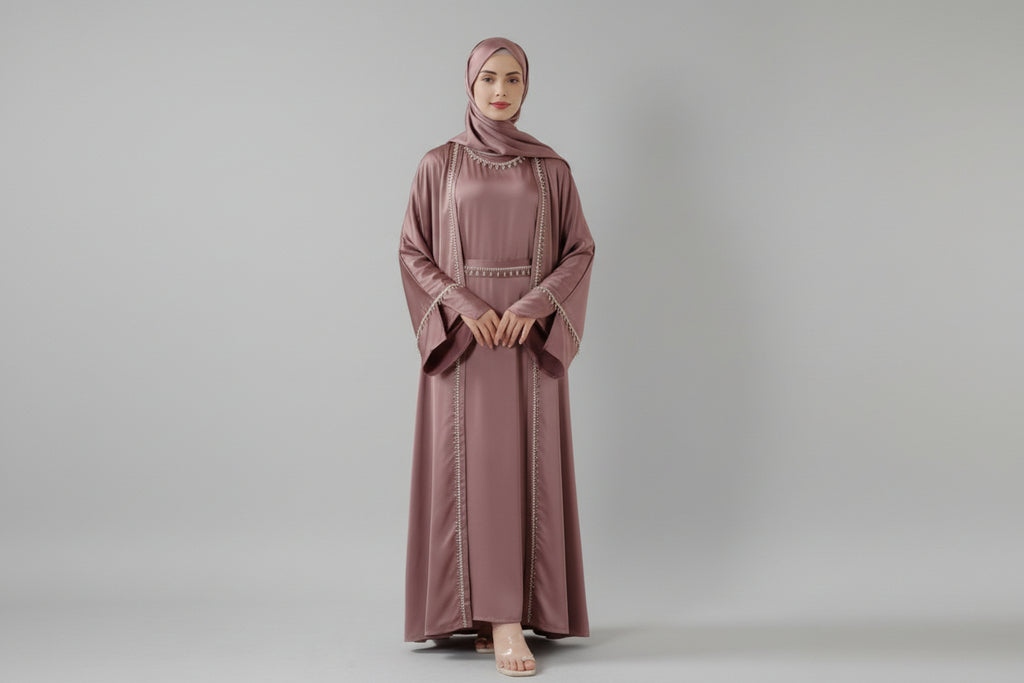 Luxury Satin Abaya With Diamond Tassels Belt,  6-Piece Set (MOA041)