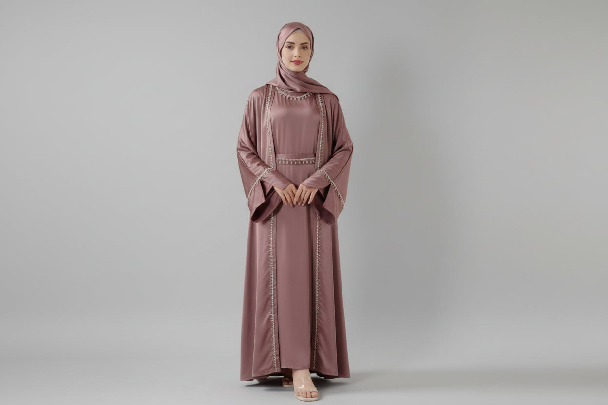 Luxury Satin Abaya With Diamond Tassels Belt,  6-Piece Set (MOA041)