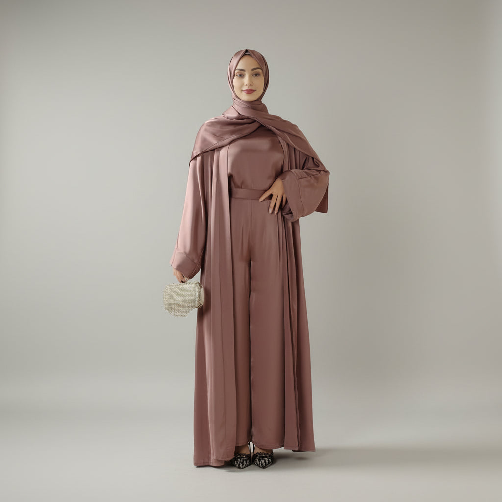 Luxury Satin Modest Abaya Set 4-Piece – Elegant Open Abaya, Top, Pants & Matching Hijab(MOA034)