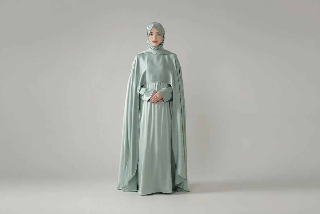 Woman wearing a light green abaya in a minimalistic room.