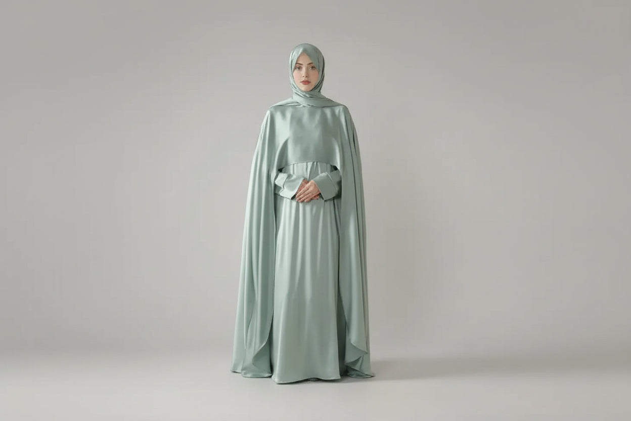 Woman wearing a light green abaya in a minimalistic room.