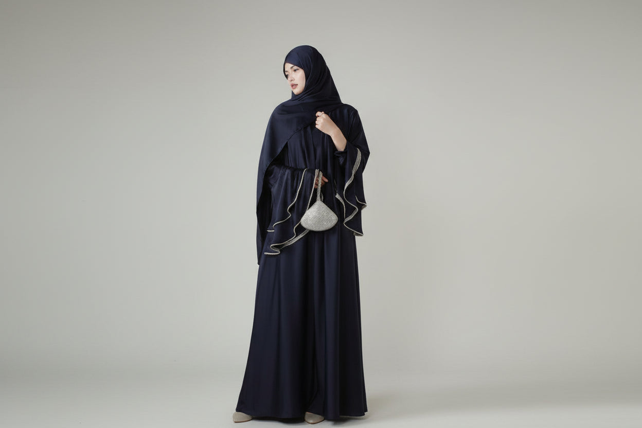 Crepe Satin Ruffle Sleeve Abaya, 5-Piece Set (MOA033)