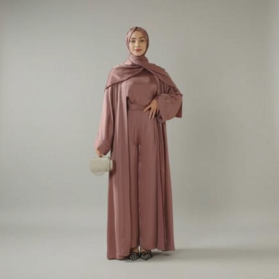 Luxury Satin Modest Abaya Set 4-Piece – Elegant Open Abaya, Top, Pants & Matching Hijab(MOA034)